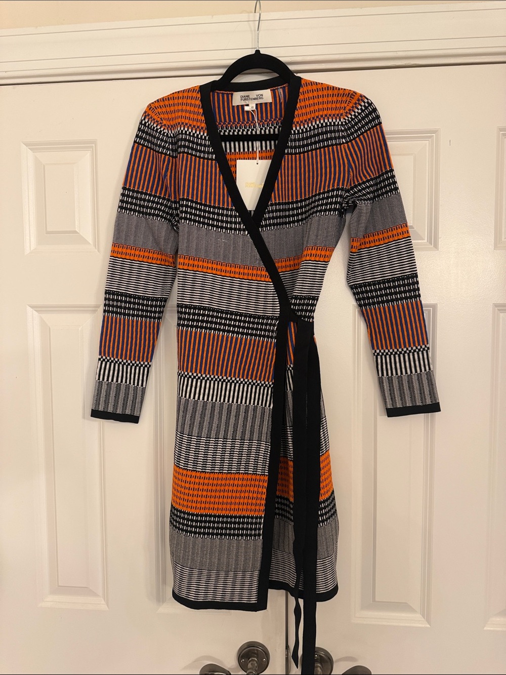 Diane Von Furstenberg Orange and Black Striped Long Sleeve Wrap Dress size xs